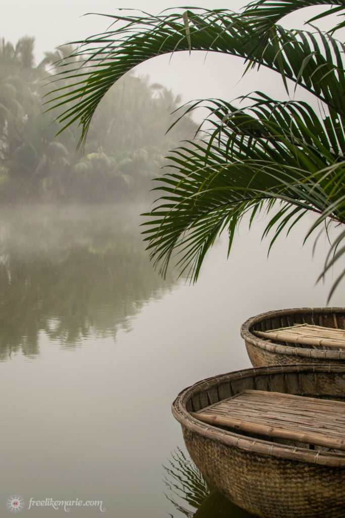 Misty River Scene with Basket Boats Vietnam
