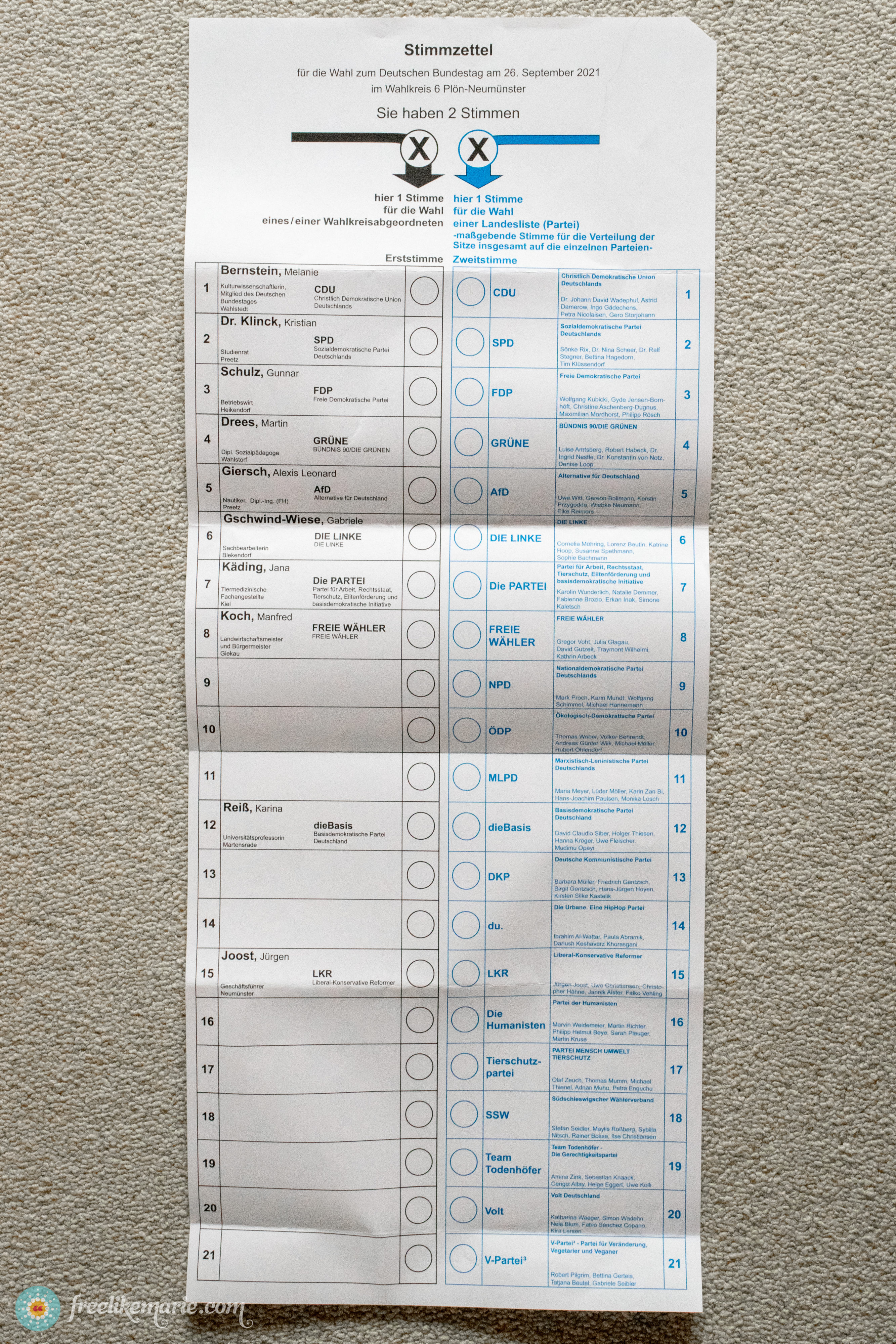 Full ballot paper for one federal state