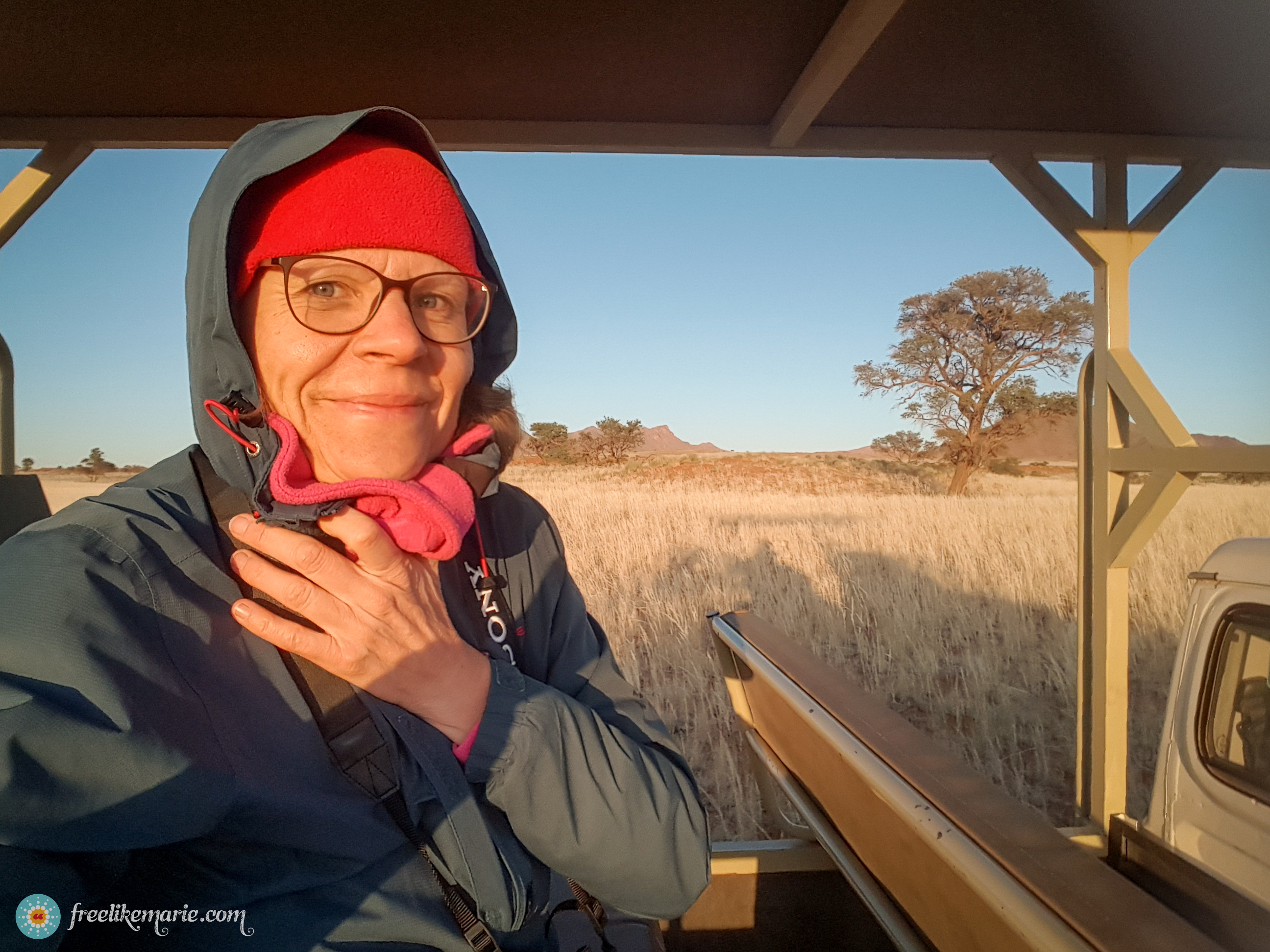 Marie at a Coldish Early Morning Tour in NamibRand